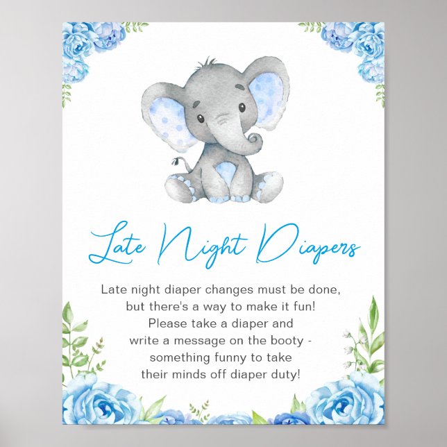 Póster Diapers nocturnos Boy Elephant Baby Shower Peanut (Frente)