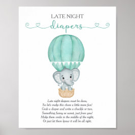 Póster Diapers nocturnos Juego de Baby Shower Elephant Ve
