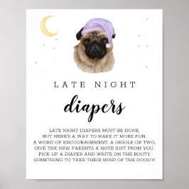 Póster Diapers nocturnos Pug Watercolor Rótulo