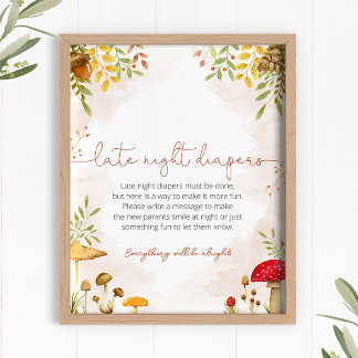 Póster Diapers nocturnos Rótulo de Baby Shower Woodland