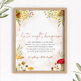 Póster Diapers nocturnos Rótulo de Baby Shower Woodland