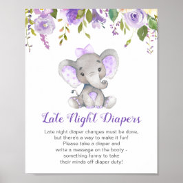 Póster Diapers nocturnos Rótulo Elephant Chica de Baby Sh