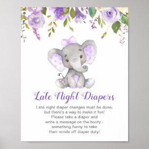 Póster Diapers nocturnos Rótulo Elephant Chica de Baby Sh