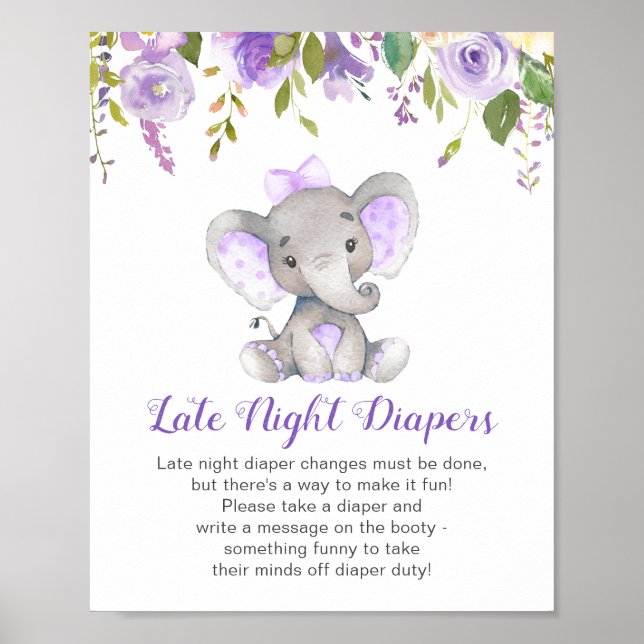 Póster Diapers nocturnos Rótulo Elephant Chica de Baby Sh (Frente)