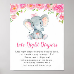 Póster Diapers nocturnos Rótulo Elephant Chica de Baby Sh