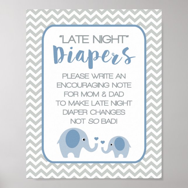 Póster Diapers nocturnos Rótulos de Baby Shower Elefantes (Frente)