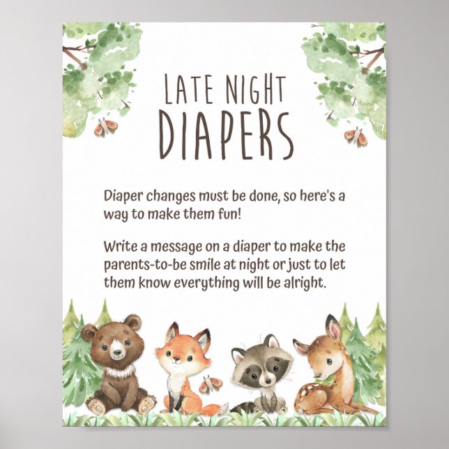 Póster Diapers nocturnos Woodland Animals Shower Rótulo (Frente)