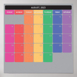 Póster Días de color del calendario planer de agosto de 2