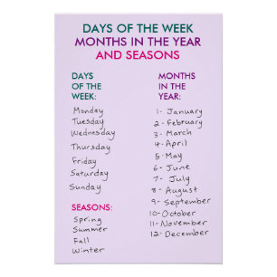 Póster Días de la semana, de meses en el año y de las