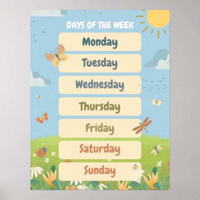 Póster Días de la Semana de Primavera en Inglés en el Aul (Frente)
