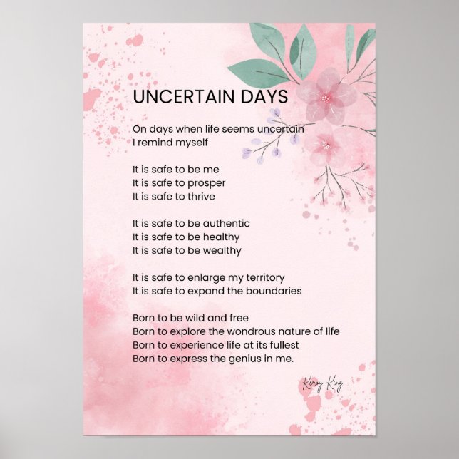 Póster Días inciertos - Poema de esperanza de valor (Frente)