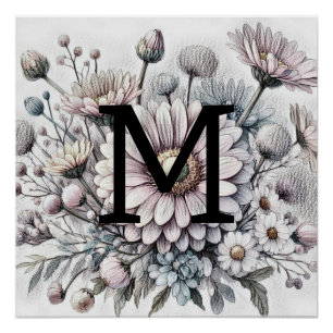 Póster Diásisis gerbera rosada con dibujos florales monog