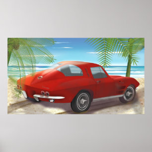 Póster Dibujo 1963 de la escena de la playa del Corvette