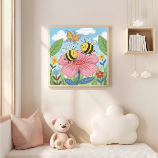 Póster Dibujo a lápices de colores de abejas y mariposas