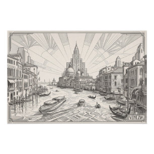 Póster Dibujo a lápiz Art Déco vintage del Gran Canal de