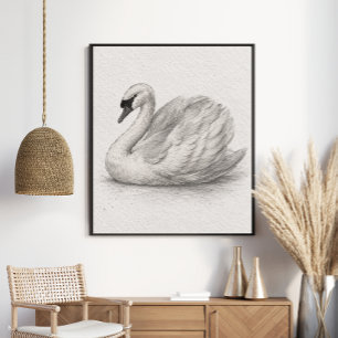 Póster Dibujo a lápiz de cisne elegante en grafito