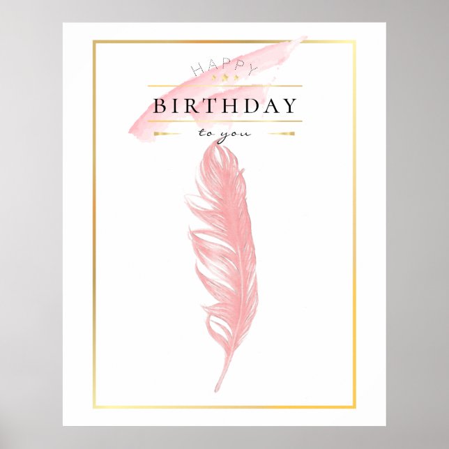 Póster Dibujo a lápiz de pluma rosa de cumpleaños hermoso (Frente)