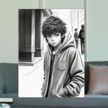 Dibujo a lápiz en negro y blanco de un niño genera