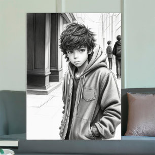 Póster Dibujo a lápiz en negro y blanco de un niño genera