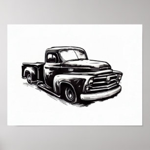 Póster Dibujo a tinta de camión Dodge en blanco y negro