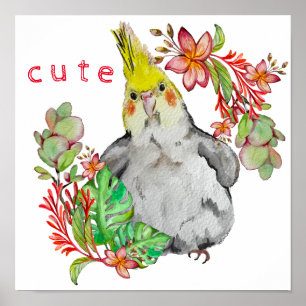 Póster Dibujo acuarela de un loro gracioso en flores