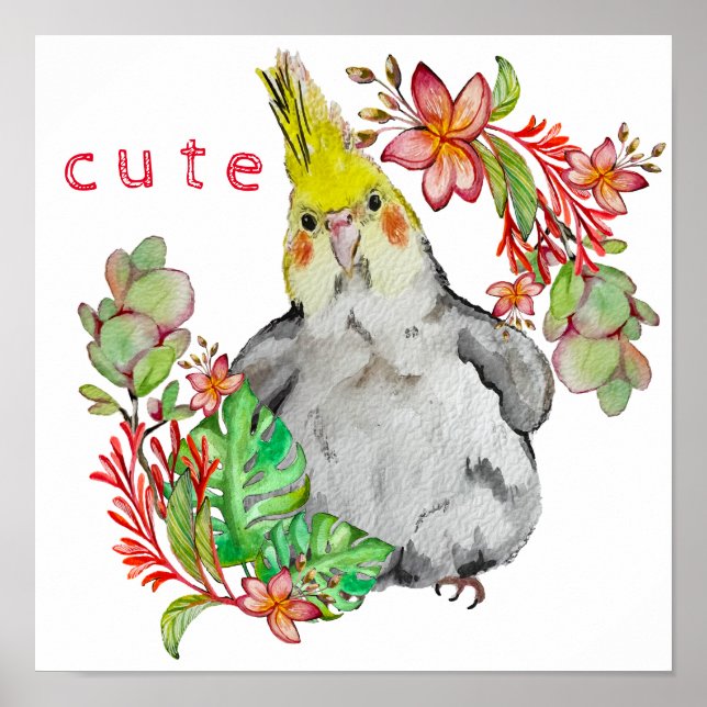 Póster Dibujo acuarela de un loro gracioso en flores (Frente)