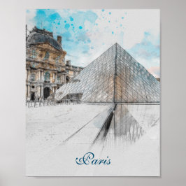 Póster Dibujo acuarela del Louvre París, Francia