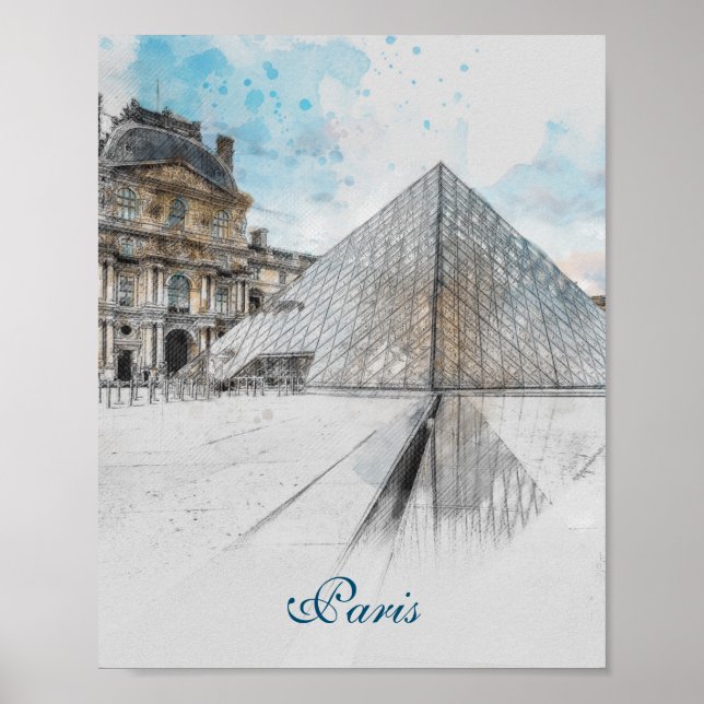 Póster Dibujo acuarela del Louvre París, Francia (Frente)