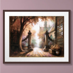 Póster Dibujo al pastel rincón oscuro en pequeño pueblo e
