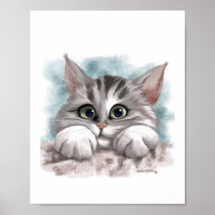 Póster Dibujo animado de adorable gatito gris atigrado