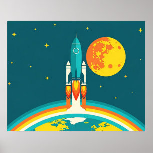 Póster Dibujo animado de cohete espacial lindo