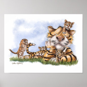 Póster Dibujo Animado de Familia de Tigres