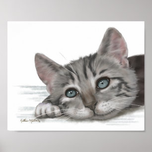 Póster Dibujo animado de gatito atigrado lindo descansand