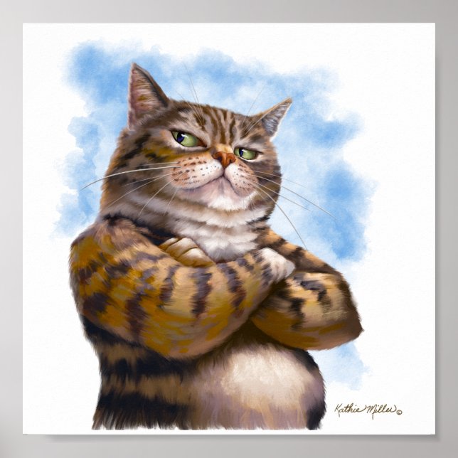 Póster Dibujo animado de gato atigrado duro (Frente)