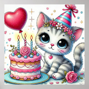 Póster Dibujo Animado de Gato de Cumpleaños Adorable Deco
