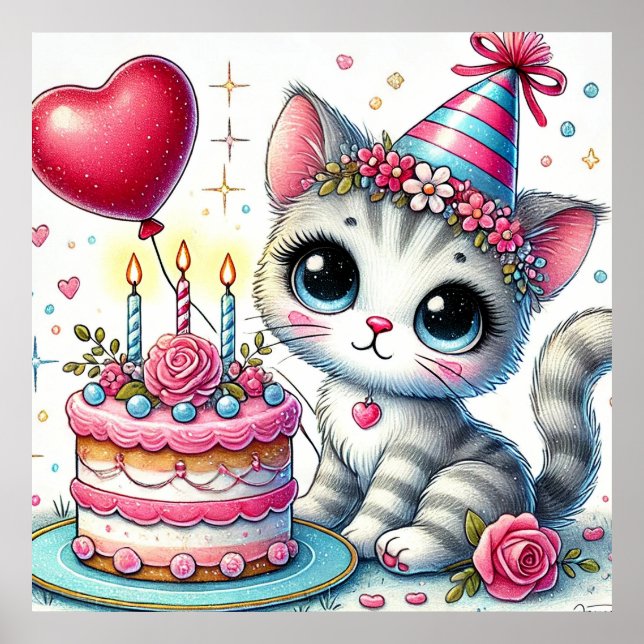 Póster Dibujo Animado de Gato de Cumpleaños Adorable Deco (Frente)