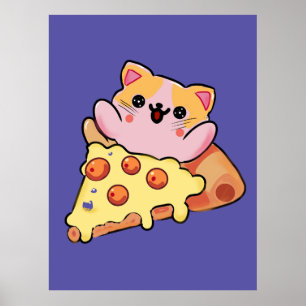 Póster Dibujo animado de gato kawaii abrazando pizza de p