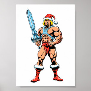 Póster Dibujo animado de He Man con sombrero de Santa – H