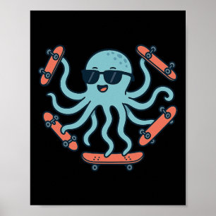 Póster Dibujo animado de pulpo skateboarding genial