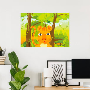 Póster Dibujo animado de tigre enojado y lindo en la selv