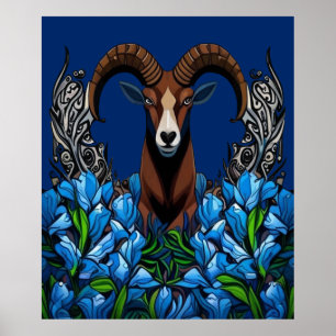 Póster Dibujo animado de un carnero cimarrón con azul de