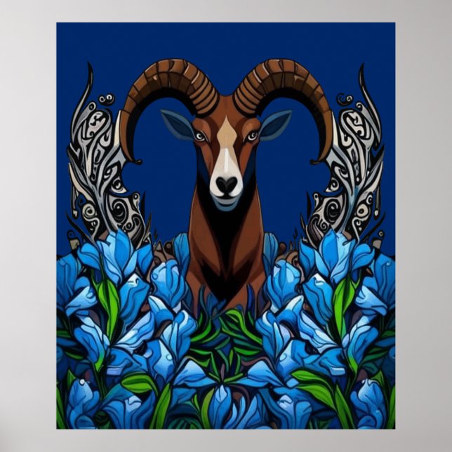 Póster Dibujo animado de un carnero cimarrón con azul de  (Frente)