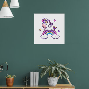 Póster Dibujo Animado de Unicornio Lindo con Arcoíris