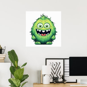Póster Dibujo Animado Monstruo Verde Lindo Sonriente