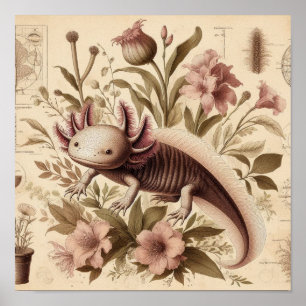 Póster Dibujo Antiguo de Ajolote con Etiqueta de Florales