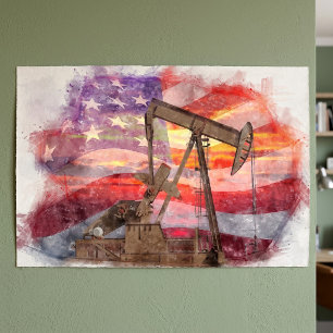 Póster Dibujo Artístico de Pumpjack Patriótico al Atardec