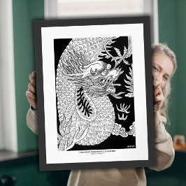 Póster Dibujo artístico en pared de tinta de dragón chino