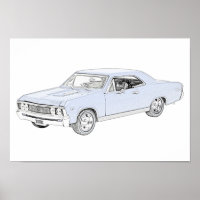 Dibujo azul de 1967 Chevy Chevelle estilo lápiz