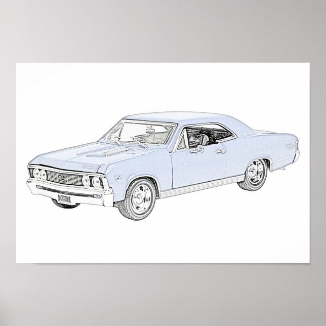 Póster Dibujo azul de 1967 Chevy Chevelle estilo lápiz (Frente)