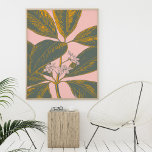 Póster Dibujo botánico del borde de la palmera rosa y ver<br><div class="desc">Un bonito ilustracion floral con una hoja de plátano tropical bordeada de hojas verdes y amarillas en un fondo rosa y ruidoso</div>